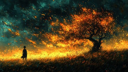 Fototapeta premium A figure stands before a fiery tree in a dramatic, colorful landscape.