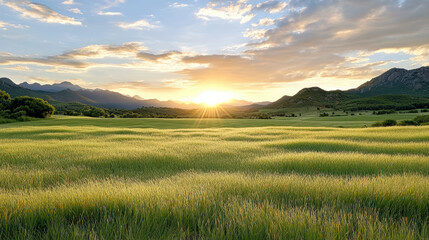 Obraz premium serene sunset over rolling green hills, with golden light illuminating landscape
