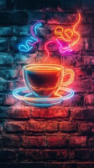 Neon Glowing Coffee Cup with Vibrant Steam Art