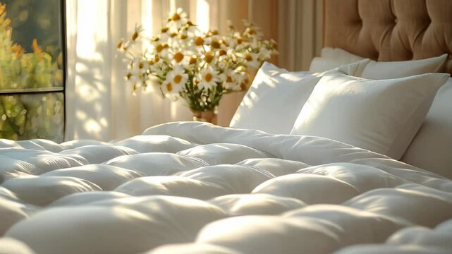 tranquil bedroom setting with a white duvet and pillows in close-up is ideal for articles about preparing for the winter season, household chores and creating comfort in home textiles and hotel decor.