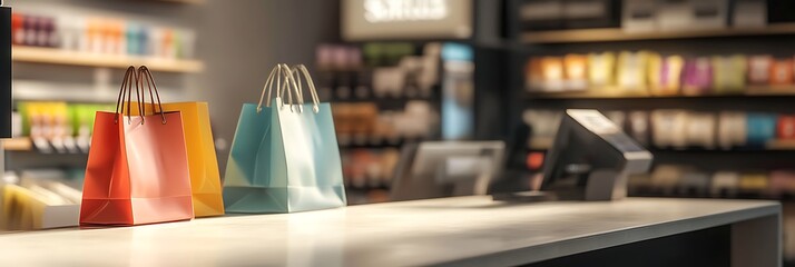 A modern retail store checkout counter with neatly arranged shopping bags, leaving ample space for customized promotional text.