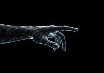 Fototapeta premium Glowing wireframe robotic hand pointing right for tech designs, artificial intelligence concepts, futuristic presentations, scifi projects, and digital innovation campaigns.