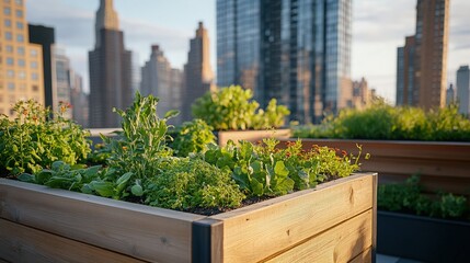 Fototapeta premium A lush rooftop garden in the middle of a city, with wooden planters filled with green herbs and flowers. The skyline is visible in the background, and the warm tones of the plants contrast with the co