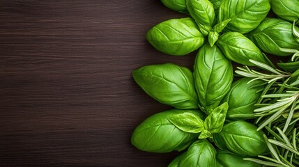 Fototapeta premium Fresh Basil and Rosemary Herbs on Dark Wood Background Perfect for Culinary or Herbal Themes