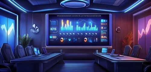 Bright professional boardroom showcasing KPIs and team efficiency charts on a screen