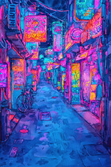 Fototapeta premium Vibrant_cityscape_alleyway_with_bikes,_bright_abstract_colors,_and_neon_glow.