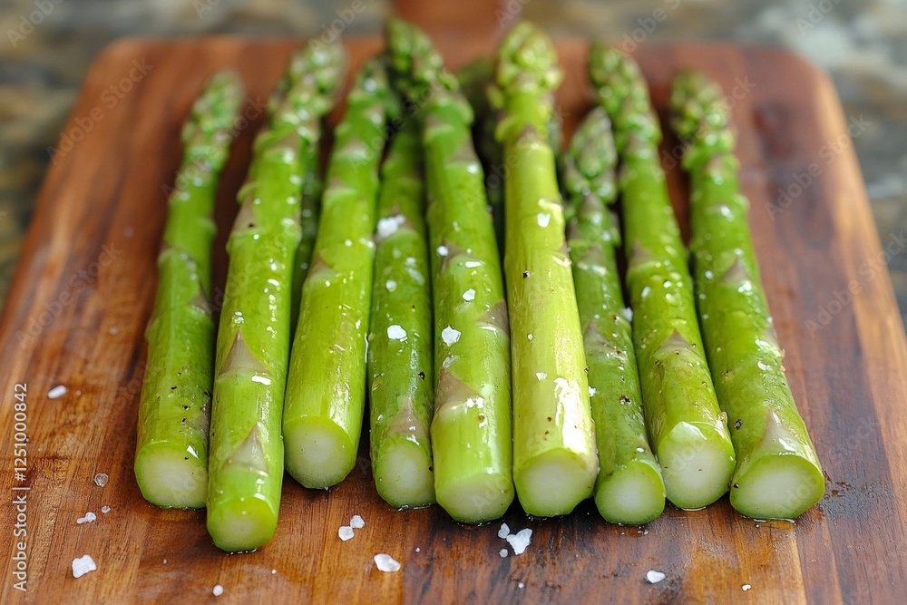 Wall mural Fresh green asparagus spears on wooden board