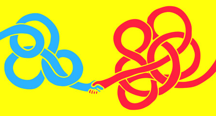 Cartoon funky twisted long handshake in groovy flat style. Abstract art composition for communication. Vector illustration.