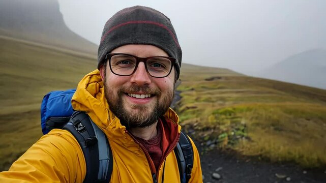 Enthusiastic hiker guy wearing yellow jacket and glasses enjoys misty mountain trail. Foggy landscape, adventurous atmosphere, outdoor exploration. Hike trip adventure. Man take selfie. Active travel.
