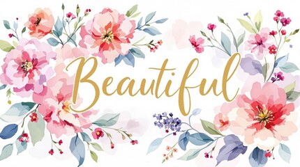 Watercolor flowers and word beautiful 
