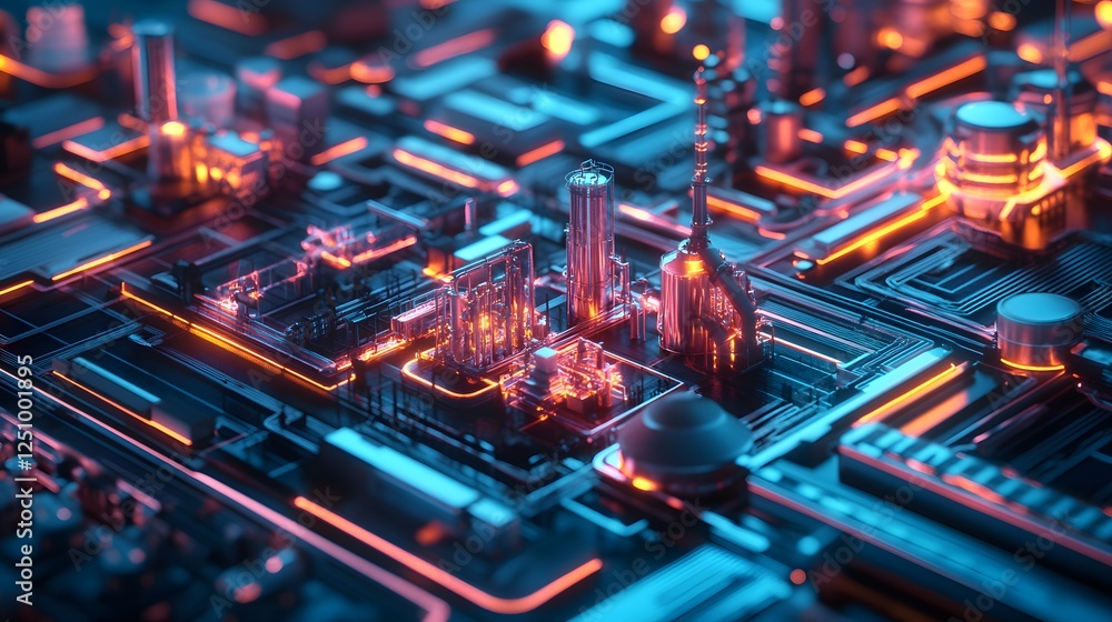 Poster a computer chip with a city on it. the city is made up of many small squares and is lit up with brig
