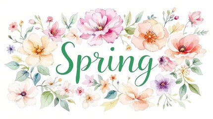 Obraz premium Watercolor flowers and word spring