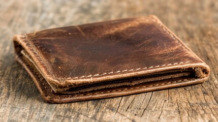 Folded brown leather wallet on rustic wooden table, background texture