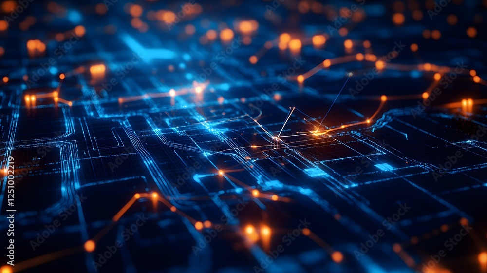 Poster a computer generated image of a city with blue and orange lights. the image is of a cityscape with a