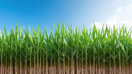 Fototapeta premium Lush Green Cornfield Under a Bright Blue Sky Agriculture Image