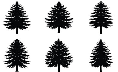 Cedar tree silhouette vector set, pine forest branch