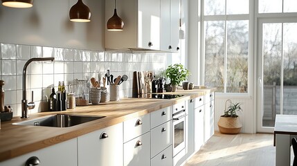 Fototapeta premium Modern Bright Kitchen With Wooden Countertop And Island