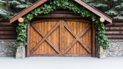 Rustic Wooden Garage Doors with Vine Decorated Log Cabin Exterior