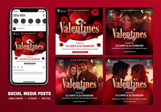 Valentine&rsquo;s Day Party, Editable Social Media Set for Club, Disco and Upcoming Night Parties.
