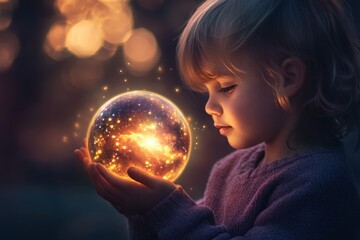 Naklejka premium A child holding a glowing orb that contains an entire miniature universe, in shades of deep purple and gold, with awe on their face