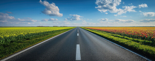 Rural highway, endless road, vibrant yellow and red flower fields, straight asphalt, blue sky with fluffy clouds, vanishing point, panoramic landscape, colorful countryside, summer scenery, open 