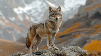 Fototapeta premium Majestic wolf on mountain peak, autumnal backdrop, wildlife photography