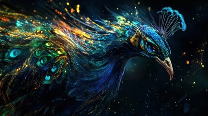A colorful peacock with iridescent feathers in shades of blue, green, and gold, against a dark background
