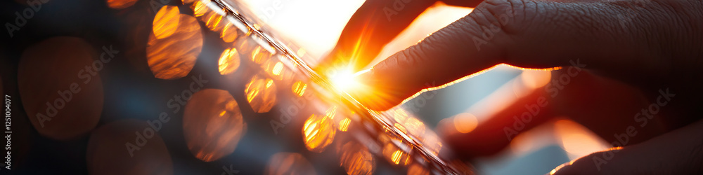 Poster hand interacting with translucent surface and backlit circular lights