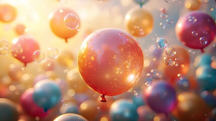 A vibrant array of colorful balloons fills the image,