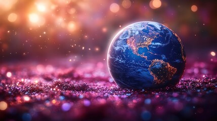 Earth glowing on sparkly surface, bokeh background