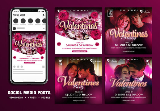 Valentine&rsquo;s Day Party, Editable Social Media Set for Club, Disco and Upcoming Night Parties.