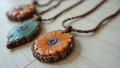 Fototapeta premium Handmade pendants with floral design in soft colors on wooden background