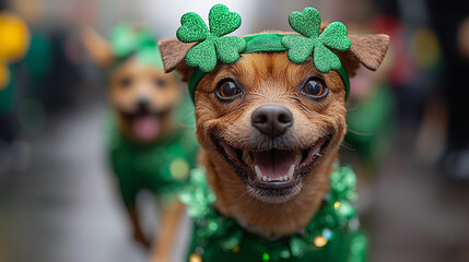 Joyful dogs wearing green costumes and shamrock headbands celebrate St. Patrick's Day parade with playful spirit and festive cheer