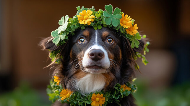 Delightful canine adorned in a festive clover costume celebrating St. Patrick's Day with charm and joy