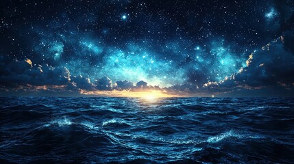 Fototapeta premium A serene ocean scene under a starry sky at sunset.