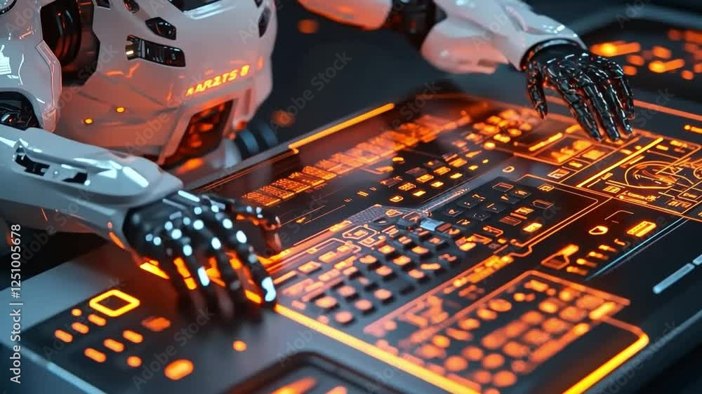 Poster robotic control panel: close-up of a humanoid robot's hands operating a futuristic control panel, gl