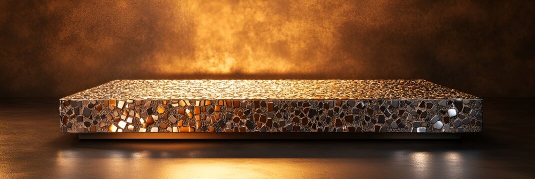 A sleek mosaic podium with shimmering metallic tones of bronze and silver, under soft golden light