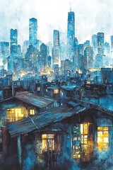 Cityscape_rendered_with_watercolor_effect,_featuring_reflections_on_a_wet_surface_after_rain.