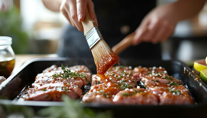 Woman spreading marinade onto raw meat with basting brush at table, closeup