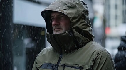 Man stands resiliently against the downpour, embracing the stormy weather