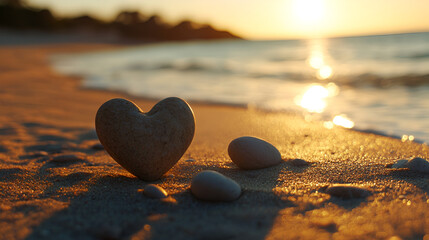 Fototapeta premium A heart shape drawn in the sand near the waterline at a beach, surrounded by small colorful pebbles , The tranquil scene is captured at dusk stone love heart fot valentines day 