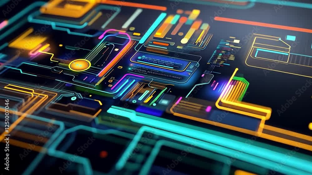 Poster abstract neon circuitry: a vibrant and dynamic abstract illustration of a futuristic circuit board, 