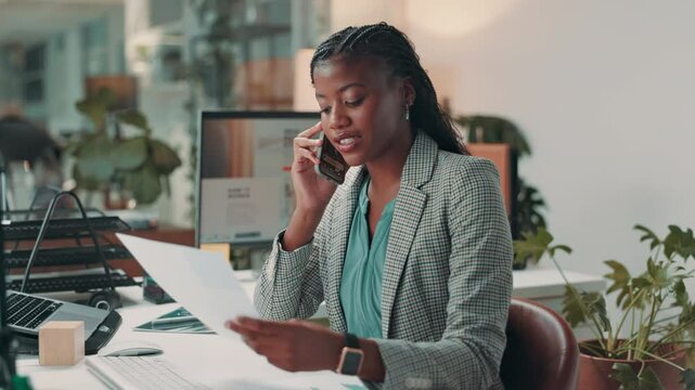 Documents, phone call and publisher black woman in office of magazine company for proofreading article. Communication, conversation and proposal with business person in editing workplace for decision