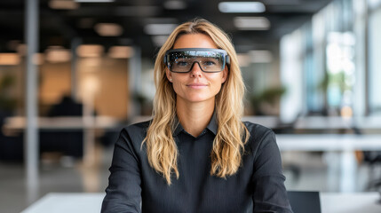 woman wearing augmented reality glasses in modern workspace