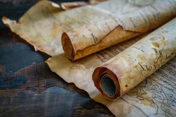 Exploring an ancient manuscript map on weathered paper historical library close-up view revealing lost secrets of civilization