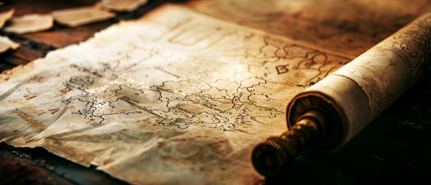 Exploring an ancient manuscript map on weathered paper historical archive dimly lit study captivating journey through time