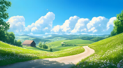 Obraz premium Idyllic Rural Landscape Winding Country Road Leading to a Rustic Farmhouse under a Sunny Sky