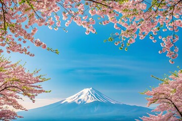 Stunning mount fuji landscape with beautiful pink cherry blossoms sky blue view asia calm soft japan