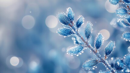 Frozen blue branch with ice crystals on bokeh background