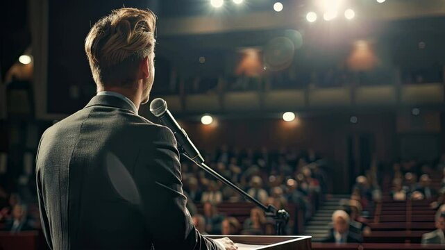 Man speaking confidently at podium with microphone during conference.